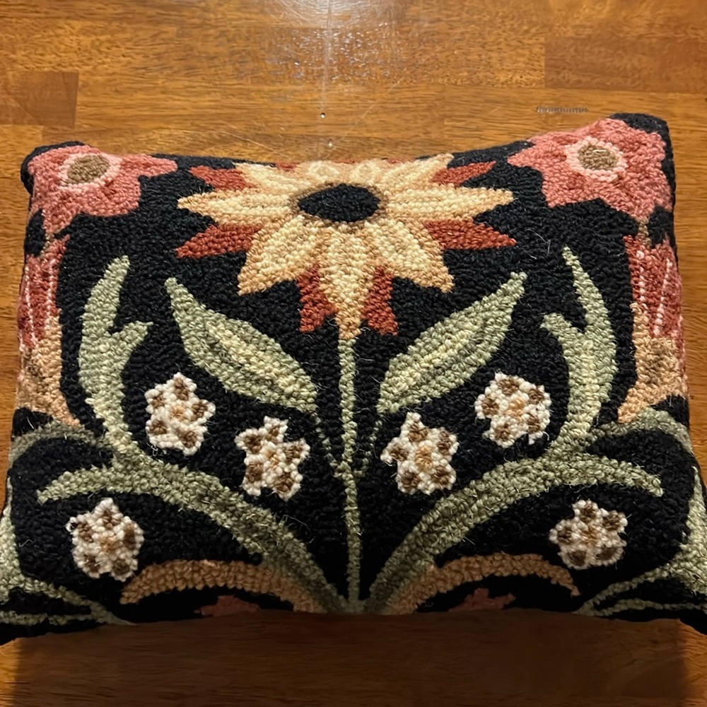100% Wool Hooked Folk Art Pillow